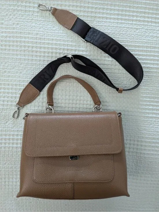 Genuine Leather Sand Structured Satchel Bag Top Handle Crossbody - Picture 3 of 13